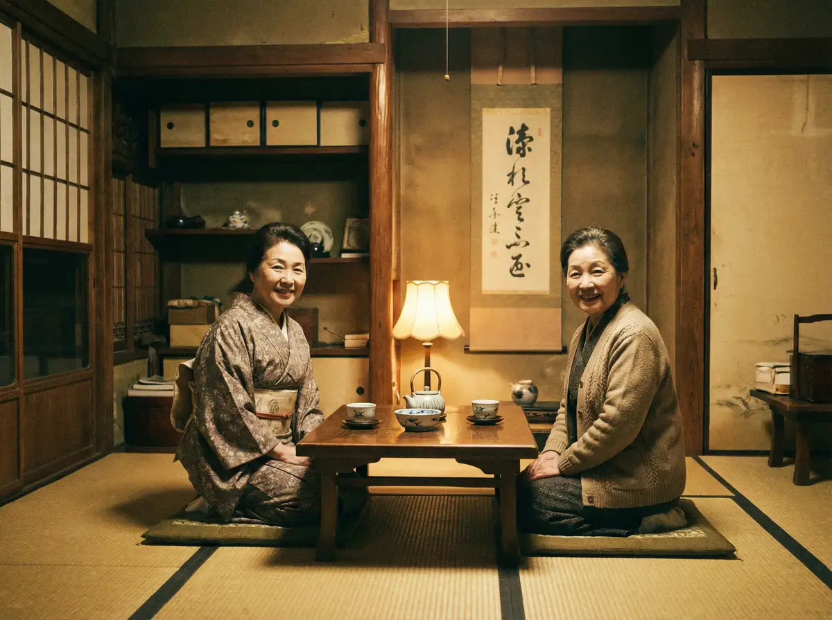 两位优雅的 青青草 在日式茶室中品茶交谈